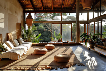 Fototapeta premium Eco-friendly living space featuring natural jute rugs, hemp cushions, and large windows to maximize natural light, emphasizing sustainability and simplicity.