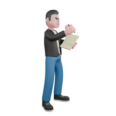 3D Cartoon Musician Character Design.  A male musician is standing with his left hand holding a sheet of white paper in his left hand while his right hand is holding a ballpoint pen. Vocal Talent