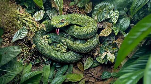 A vibrant green snake coiled among lush foliage, showcasing natural beauty and camouflage.