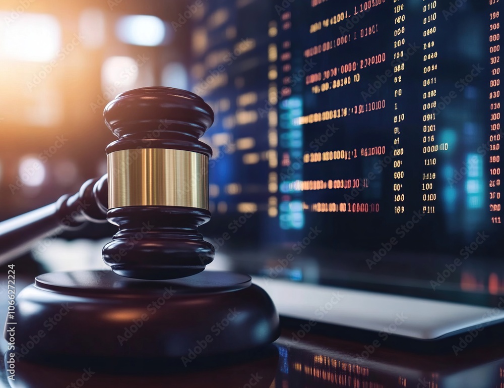 Poster a wooden gavel sits in front of a computer screen displaying financial data, suggesting the concept 