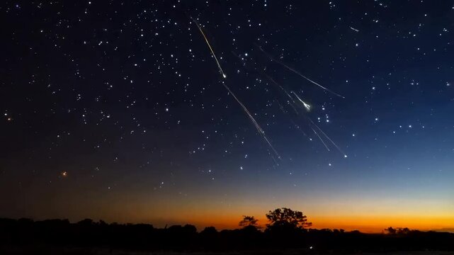 Night Sky Spectacle: Perseid Meteor Shower over Silhouetted Landscape 