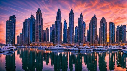 Obraz premium Breathtaking Sunset Over a Marina Skyline with Yachts and Reflections