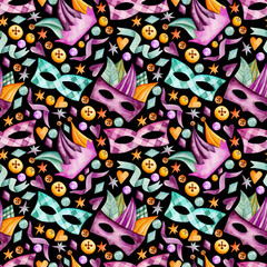 Naklejka premium Seamless watercolor pattern for Mardi Gras holiday. Bright carnival masks, ribbons, colorful confetti isolated on black background. Design for gift wrapping.