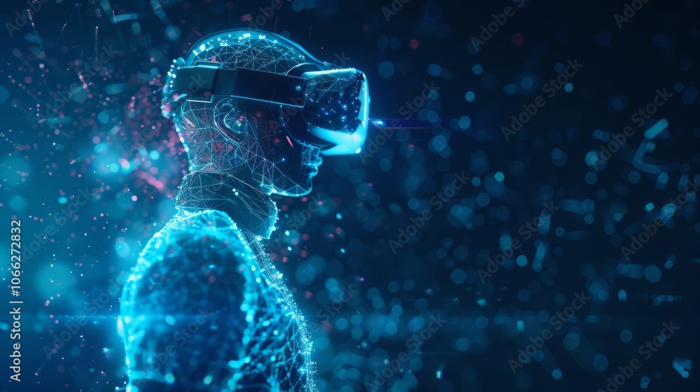 Poster digital rendering of a futuristic humanoid robot wearing a vr headset, experiencing immersive virtua