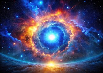 Stunning Night Photography of a Supernova Explosion with Blue Light Center in Space - Cosmic Events, Star Birth, and Galactic Wonders