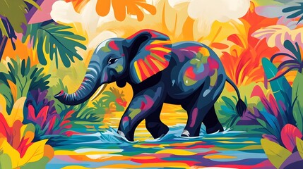 Obraz premium Playful Elephant Frolicking in Vibrant Shimmering River with Bold Cartoon Aesthetics