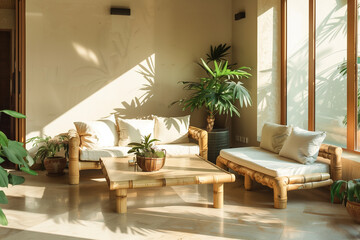 Fototapeta premium Living room with sustainable bamboo furniture, large potted plants, and neutral tones, creating a serene, nature-inspired space with eco-friendly decor.