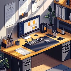 Sleek and Organized Contemporary Office Workspace with Digital Mood Board