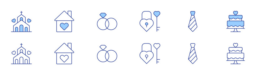 Wedding icon set in two styles, Duotone and Thin Line style. Editable stroke. chapel, home, wedding rings, padlock, tie, wedding cake