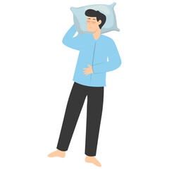 Illustration of Boy Sleeping Pose on Pillow Top. Vector Character in Cartoon Style.