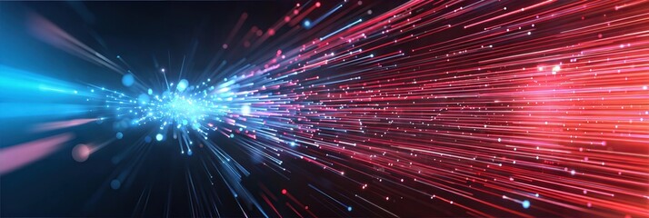 Fototapeta premium Abstract background featuring dynamic blue and red light streaks converging, symbolizing technology, speed, and data transmission themes. 