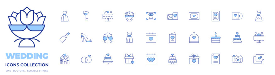 Wedding icons collection. Line Duotone style, editable stroke. marriage, romantic date, love letter, wedding, wedding dress, bouquet, key, shoe, bride, champagne