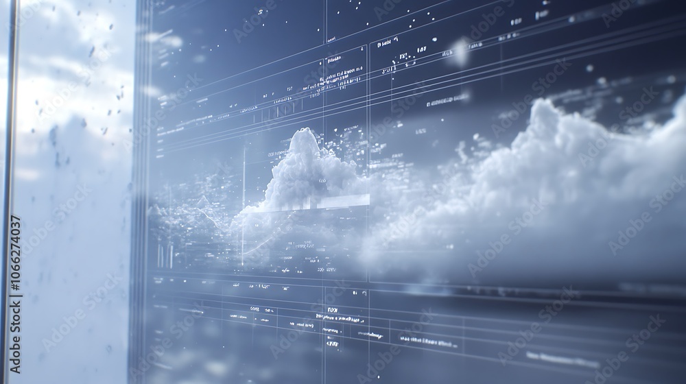 Poster clouds reflected in a glass screen with digital data