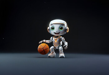 A white robot with green eyes holds an orange basketball in front of a dark background.