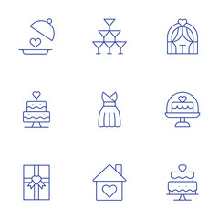 Wedding icons set. Thin Line style, editable stroke. glasses, home, wedding arch, wedding cake, wedding dress, food tray, gift