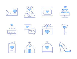 Wedding icons. Line Duotone style, editable stroke. proposal, wedding, wedding location, love letter, wedding cake, wedding dinner, wedding invitation