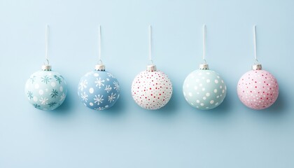 Five Christmas Ornaments Hanging.