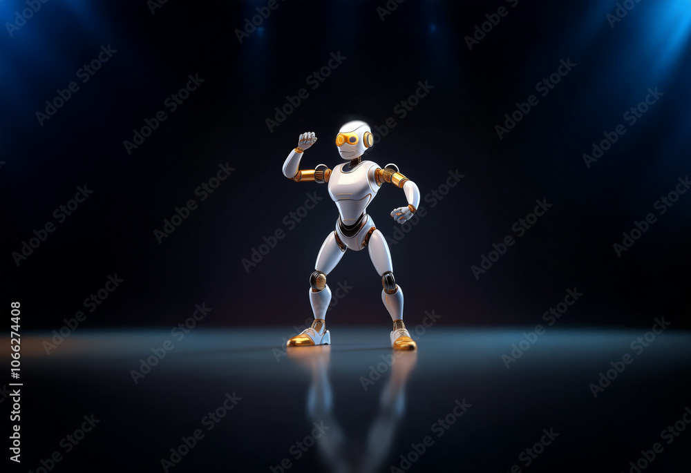 Poster a white and gold robot with a female form stands with fists raised in a triumphant pose against a da