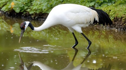 A white crane with a black head and wings stands in shallow water with its reflection visible.