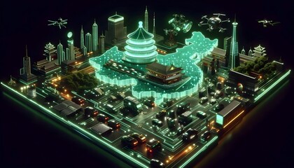 Obraz premium A futuristic depiction of China's role in technology and AI development. Glowing circuit boards interweave with outlines of famous landmarks like the Forbidden City. 