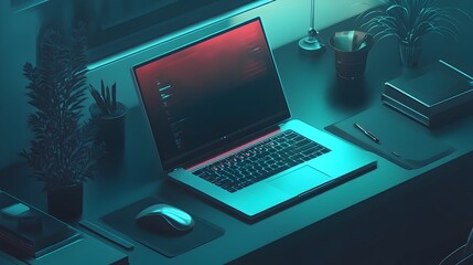 Futuristic Retrofuturistic Cinematic Laptop Desk in Moody Minimalist Office Workspace