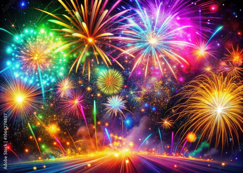 Poster vibrant motion animation of colorful abstract art with fireworks display, energetic patterns, and dy