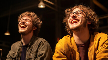 Obraz premium Two friends laughing joyfully, sharing light hearted moment together, creating warm and cheerful atmosphere in cozy setting