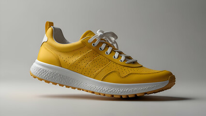 Stylish yellow sneakers with mesh texture and white soles isolated on grey background