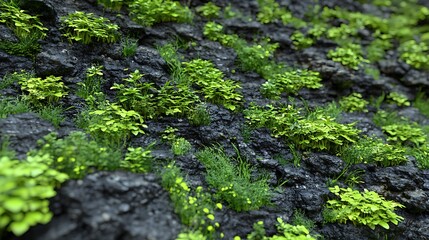Fototapeta premium A lush green landscape featuring small plants growing on rocky terrain.