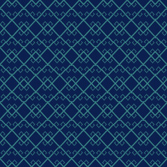 Elegant Geometric Pixel Art Pattern with Teal and Navy Blue Diamond Motifs Cross-Stitch Style Design with Symmetrical and Repetitive Elements Perfect for Vintage-Inspired Textiles, Wallpaper and Decor