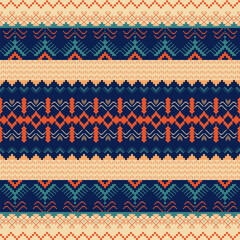Traditional Pixel Art Pattern with Chevron, Heart, and Floral Motifs in Navy, Teal, Orange, and Beige Tones Folk-Inspired Design Featuring Symmetrical Geometric Borders and Repetitive Elements.