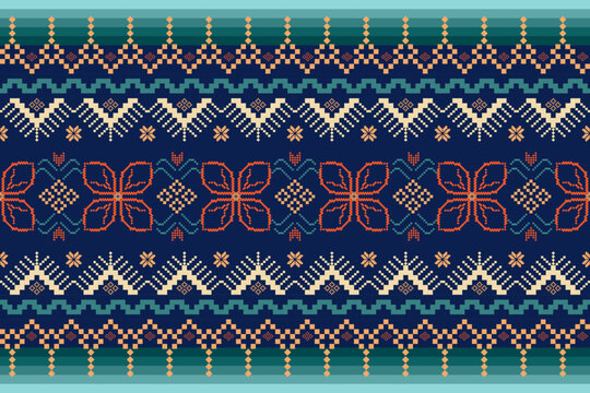 Intricate Pixel Art Floral and Geometric Pattern in Navy, Teal, and Coral Tones Traditional Slavic-Inspired Cross-Stitch Design with Symmetrical Motifs and Chevron Borders, Perfect for Folk Art Decor