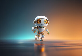 A small white robot with gold accents runs toward the viewer on a reflective surface. The background is a gradient of blue and orange.