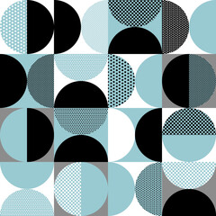 Geometric seamless pattern with abstract circle, square and dots. Blue, black and white color Bauhaus background.eps