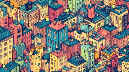 Whimsical Isometric Doodle Cityscape with Vibrant Buildings and Playful Shapes