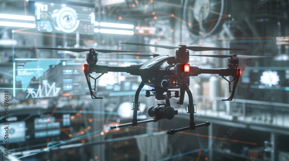 Poster camera drone hovers in high tech control center with augmented reality displays showing data, charts