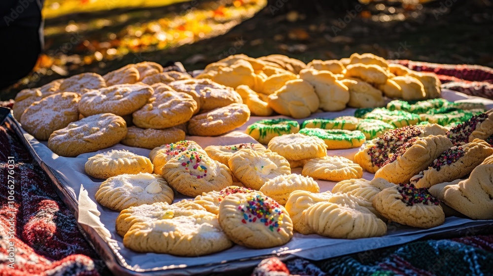 Poster a tray of assorted cookies on a blanket, with a bokeh background of fall leaves and a tree.