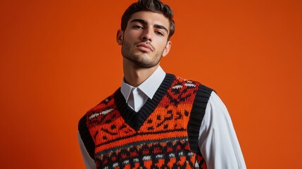 Obraz premium International Sweater Vestival: A stylish man wearing a vibrant, patterned sweater vest against a bold orange background, showcasing modern knitwear fashion.