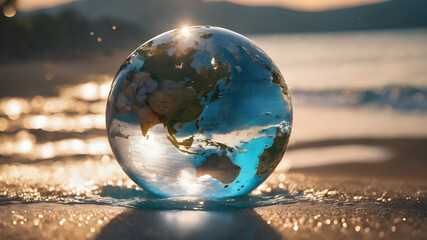 Crystal glass globe in water splash concept for environment and conservation. . Earth crystal glass globe ball. AI generated image, ai