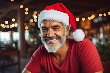 Portrait of happy senior man in Santa hat at christmas time