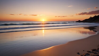 Obraz premium picturesque sunset over a tranquil beach with gentle waves and a clear sky