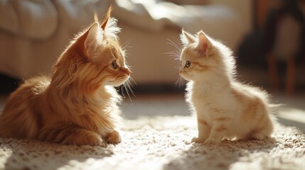 A ginger cat and a small kitten look at each other on a white carpet.