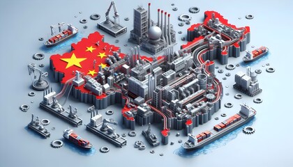 A 3d rendered tribute to China’s industrial strength, showcasing factories, production lines, and exports. Conveyor belts carry products (like smartphones and electronics).