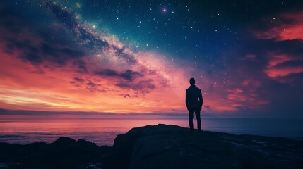 Fototapeta premium Silhouette of a Man Admiring the Starry Sky and Sunset Over the Sea