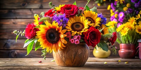 Obraz premium A Rustic Arrangement of Vibrant Sunflowers, Red Roses, and Purple Blooms in a Brown Earthenware Vase