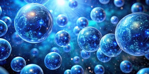 Vibrant depiction of floating blue spheres in a cosmic environment, resembling microscopic particles in a glowing space