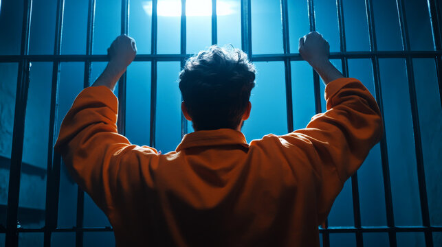 Man in orange prison jumpsuit stands behind bars, casting ominous shadows in dimly lit cell, evoking feelings of confinement and despair