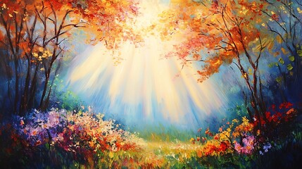 Oil Painting of Sunlight Filtering Through Trees in a Forest Clearing with Flowers