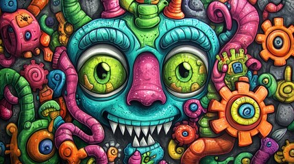Fototapeta premium A colorful monster painting, central figure surrounded by multitude of fantastical creatures