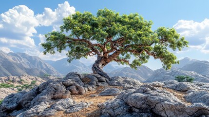 A lone tree stands tall on a rocky mountaintop under a bright blue sky with white clouds.
